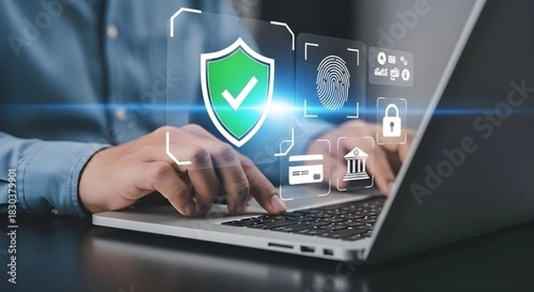 Obraz Man using laptop with security shield and icons for online protection
