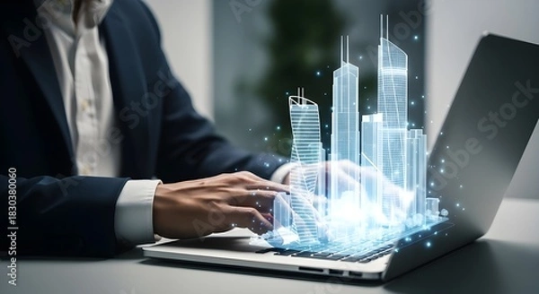 Obraz Architect working on future city design using holographic technology on laptop