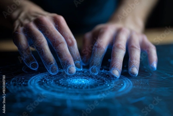 Obraz Hand sweeping across a glowing transparent touchscreen displaying layered technical schematics.