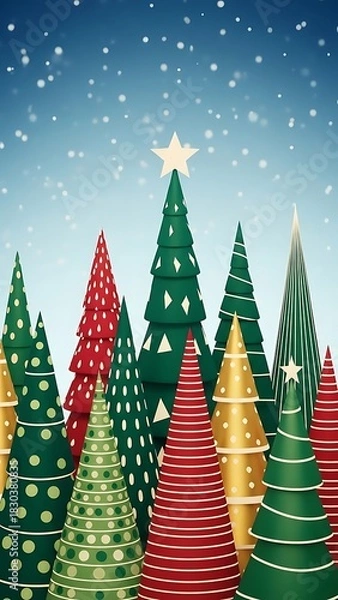 Obraz Vibrant and festive forest of stylized Christmas trees under a snowy blue sky.