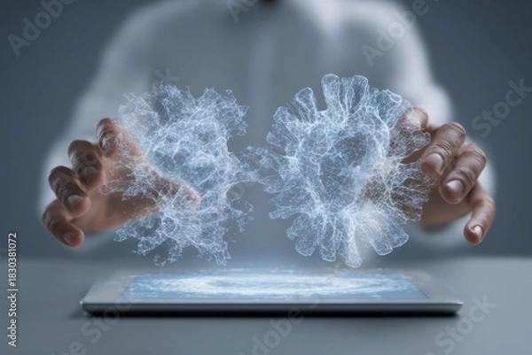 Obraz Hand sweeping across a glowing transparent touchscreen displaying layered technical schematics.