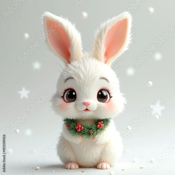 Obraz Adorable fluffy white baby rabbit illustration, wearing a festive Christmas wreath, surrounded by twinkling stars and soft bokeh lights, perfect for holiday greetings and joyful seasonal designs
