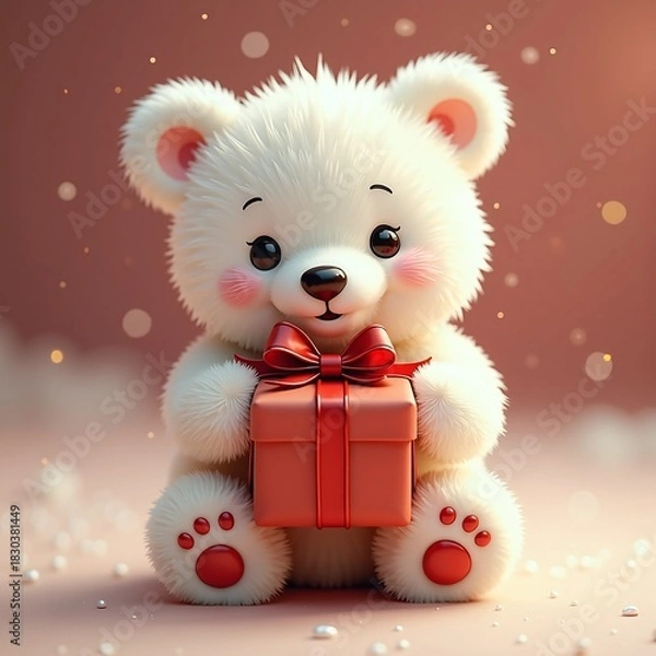 Obraz A super cute, fluffy white teddy bear with bright eyes, holding a red gift box tied with a ribbon, surrounded by soft bokeh lights, perfect for holiday greetings, and winter celebrations
