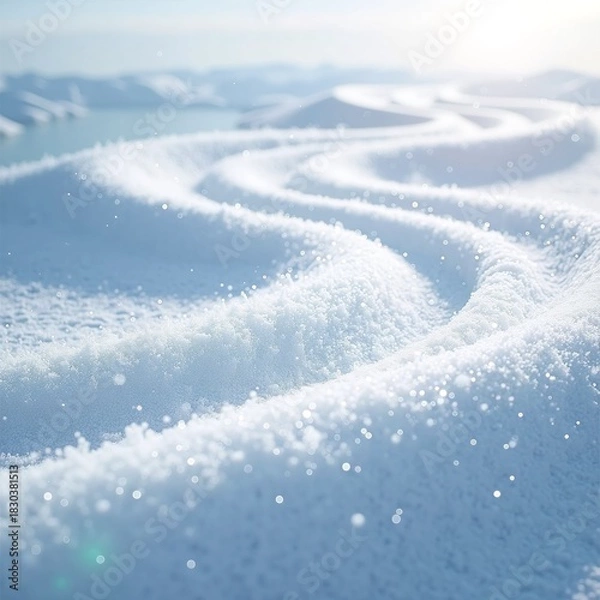 Obraz Captivating winter wonderland scene showcasing pristine, glistening snow dunes under a soft sunlight, with sparkling ice particles creating a magical, serene cold landscape effect