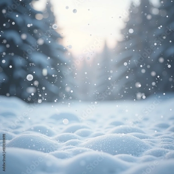 Fototapeta Enchanting winter landscape showcasing a pristine blanket of fresh snow with soft bokeh lights and delicate snowflakes gently falling, evoking a peaceful and magical festive atmosphere