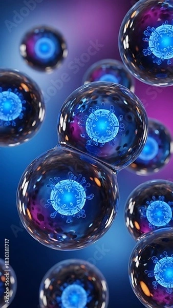 Obraz Vibrant Microscopic Cells with Glowing Nuclei in a Futuristic Biological Setting.