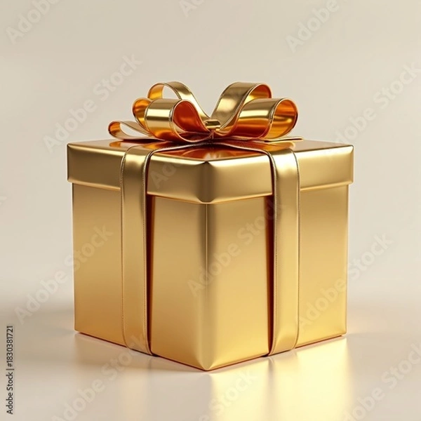 Fototapeta Luxurious metallic gold gift box elegantly wrapped with a shimmering ribbon and bow, symbolizing celebration, generosity, and festive occasions, perfect for holidays and special events