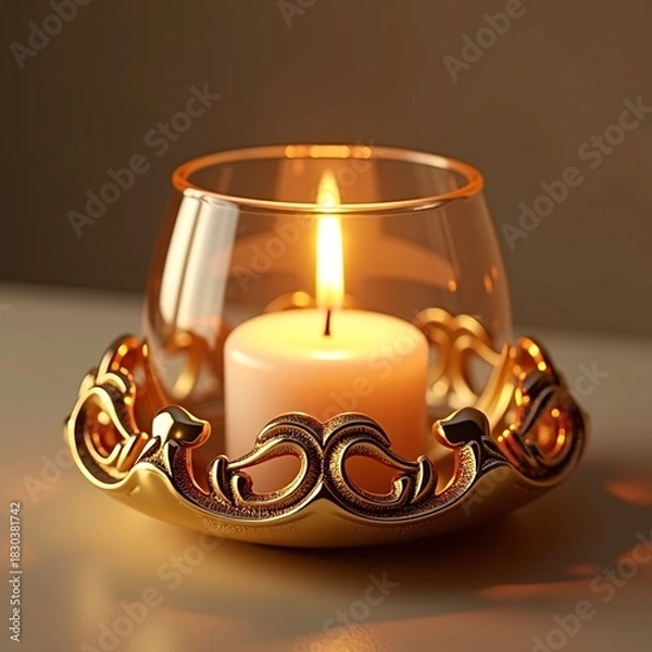 Obraz Elegant gold-plated ornate candle holder featuring a lit white candle, casting a warm, inviting glow on a reflective surface, perfect for festive occasions and creating a cozy ambiance