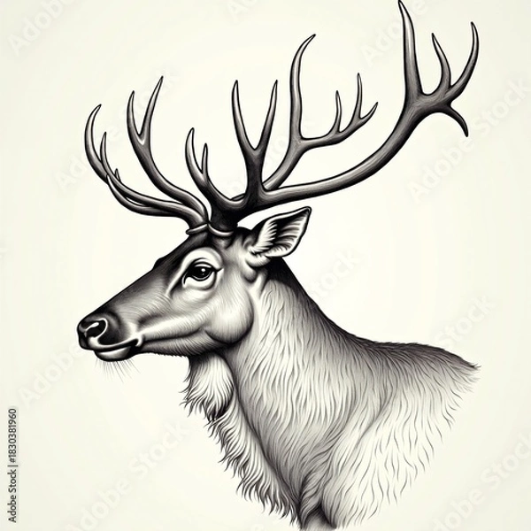 Fototapeta Majestic Reindeer Portrait A Detailed Black and White Illustration Capturing the Noble Head of a Stag with Grand Antlers, Evoking a Sense of Winter Wonder and Wilderness Charm in a Classic Style