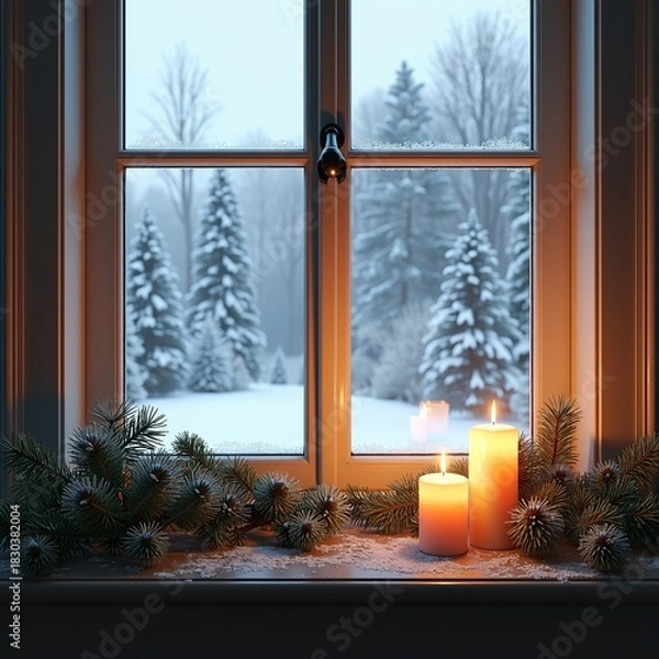 Fototapeta Warm glow of candles on a festive windowsill adorned with pine, against a serene snowy winter landscape, capturing the essence of a classic vintage Christmas and peaceful holiday ambiance