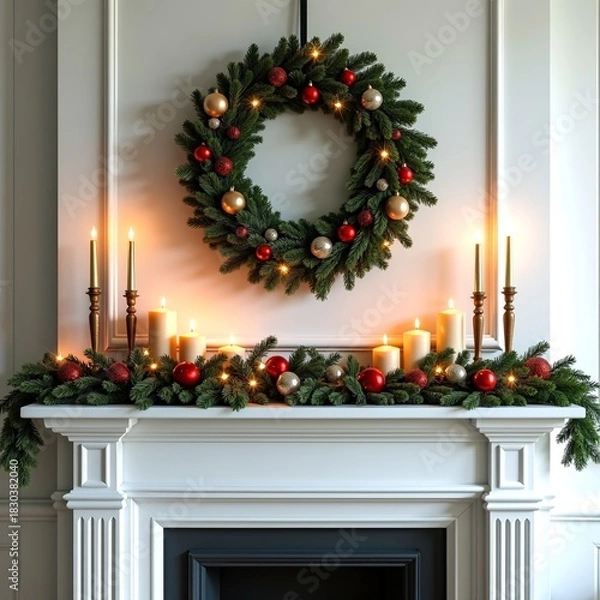 Obraz Beautifully decorated Christmas fireplace mantel with a festive wreath, glowing candles, and ornaments, creating a warm and inviting holiday atmosphere perfect for cozy winter celebrations
