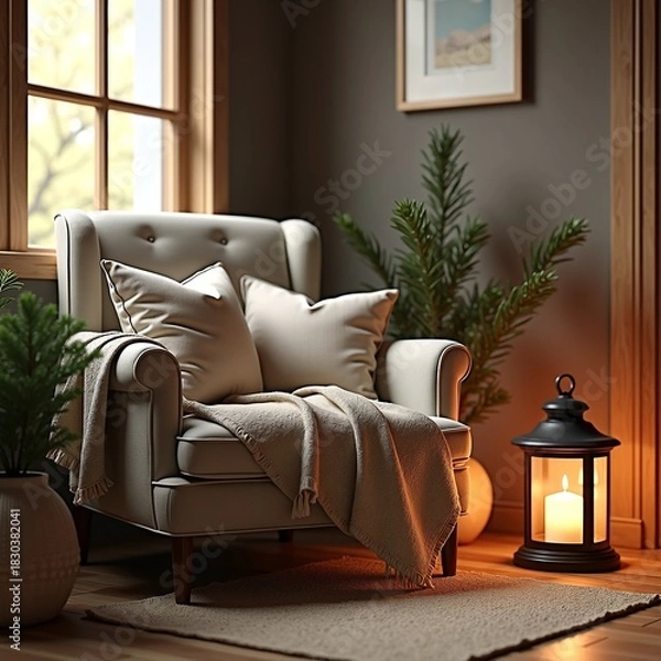 Obraz A Cozy Living Room Scene A Comfortable Armchair, Warm Blanket, and Lantern Create a Relaxing Atmosphere. The Perfect Spot to Unwind and Enjoy the Comforts of Home During the Holiday Season