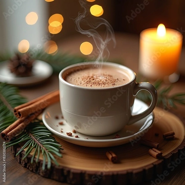 Obraz Winter's Embrace A Cup of Warm Cocoa by Candlelight, Accented with Cinnamon Sticks and Evergreen Sprigs, Evoking Comfort and Festive Cheer