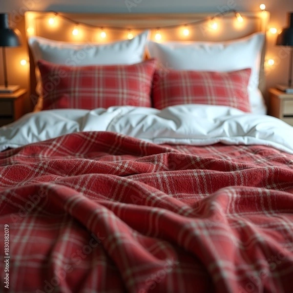 Fototapeta Warm and inviting bedroom interior with a red plaid blanket and white linens, adorned with twinkling string lights, creating a cozy and comfortable atmosphere perfect for relaxation