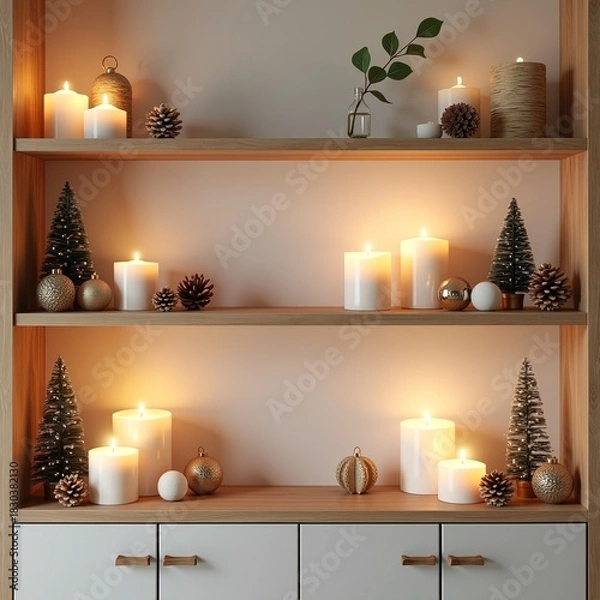 Obraz Cozy Christmas decorations on shelves with candles, pinecones, and festive ornaments creating a warm and inviting atmosphere, perfect for holiday home decor inspiration and winter ambiance
