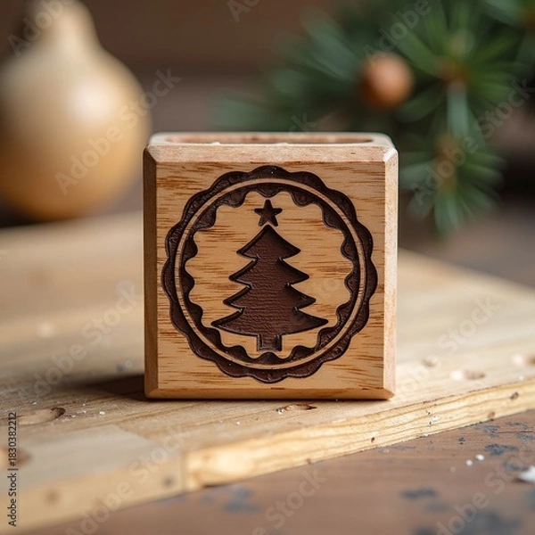Obraz Handcrafted wooden block with a carved Christmas tree emblem, a rustic holiday decoration for festive home decor and seasonal crafting, perfect for DIY projects and seasonal charm