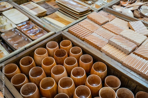 Obraz a collection of items made of wood that are usually sold as souvenirs