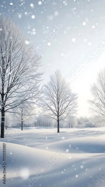 Obraz Winter Wonderland - Snow-Covered Trees and Falling Snowflakes in a Serene Landscape.