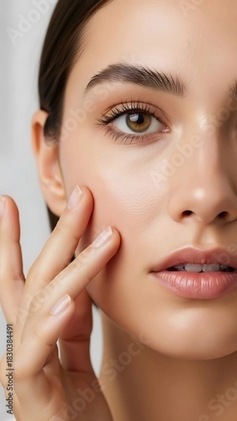 Fototapeta Woman Applying Skincare Product to Face for Radiant Complexion.