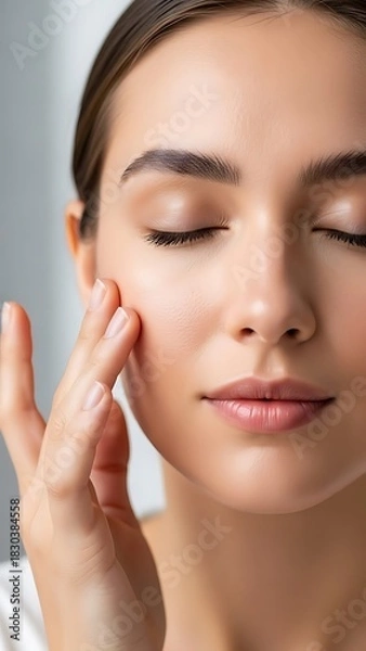 Obraz Woman applying skincare product to her face with eyes closed.