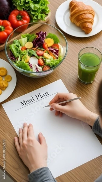 Obraz Woman creating a healthy meal plan with fresh salad, vegetables, and juice on a wooden table.