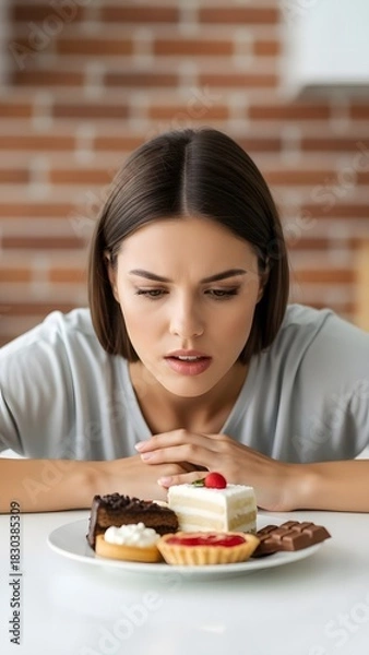 Obraz Woman Contemplating Desserts on Plate, Temptation and Choice.