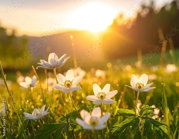 Fototapeta Sunrise illuminates white wildflowers in a grassy field with trees