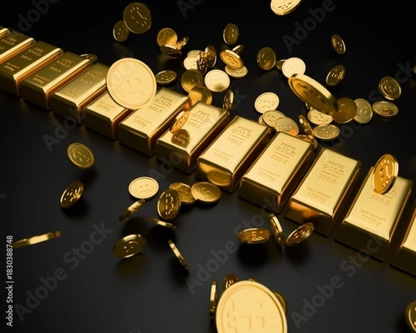 Fototapeta gold bitcoins and bars on the table