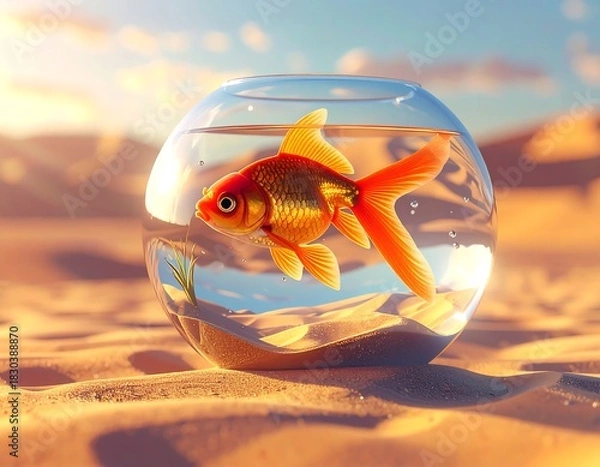 Fototapeta Surreal image of a goldfish in a bowl set upon a sandy desert