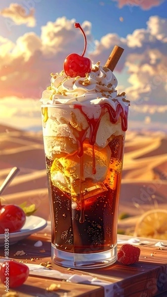 Fototapeta Tall glass filled with ice cream, cherries, whipped cream and a stick