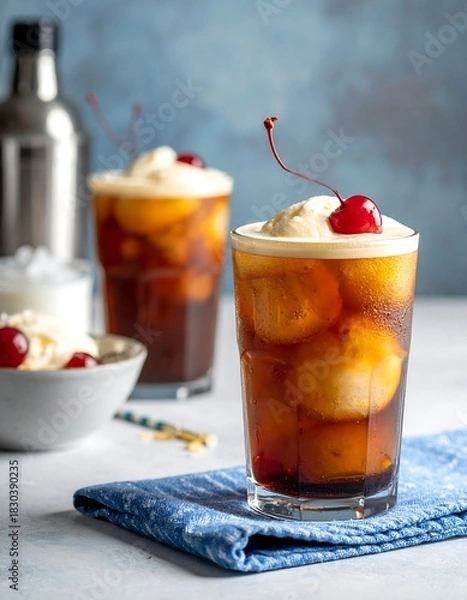 Fototapeta Tall glasses filled with layered drink, topped with ice cream and cherry