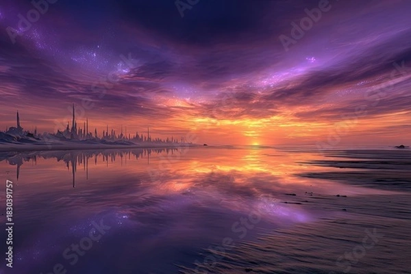 Fototapeta Colorful City Skyline Sunset Reflection