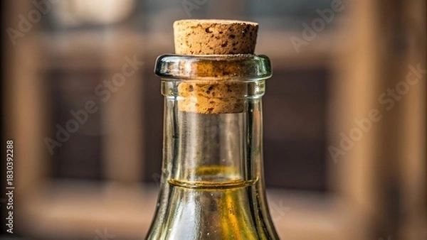 Obraz Close up of a glass bottle with a cork stopper and a hint of liquid inside