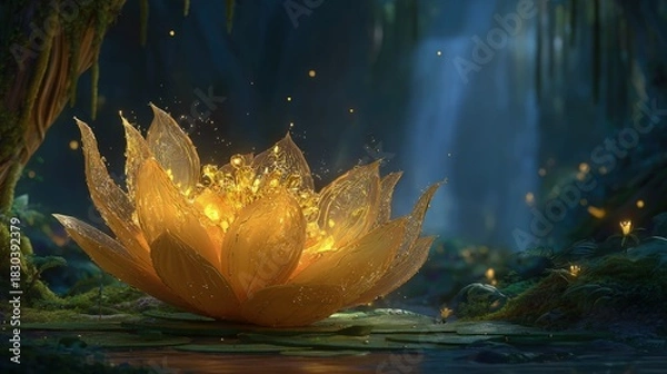 Fototapeta Golden Glowing Lotus Flower In Fairy Forest
