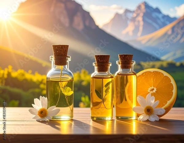 Fototapeta Three small oil bottles, daisy, orange, sun and mountain view
