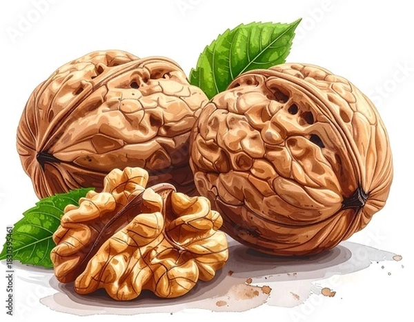 Fototapeta Three walnuts, one cracked open, with green leaves, on white backdrop