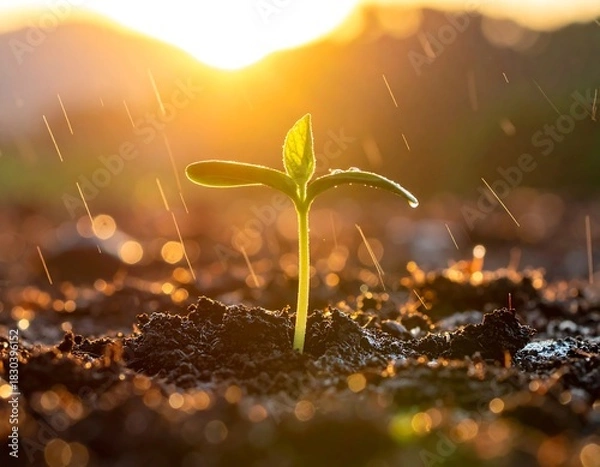 Fototapeta Tiny seedling bathed in sunlit rain, emerging from rich dark soil