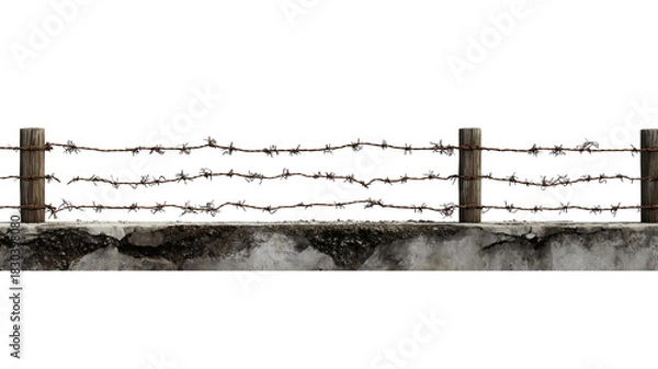 Fototapeta Barbed Wire Fence on Concrete Barrier isolated on a transparent background
