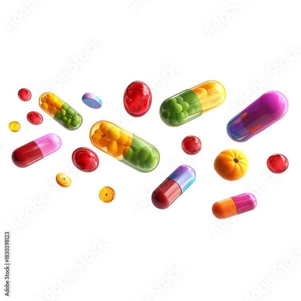 Fototapeta Assorted Colorful Capsules and Pills isolated on a transparent background