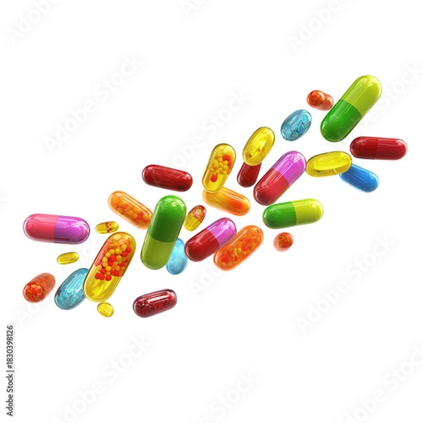 Fototapeta Assorted colorful capsules and pills isolated on a transparent background 1