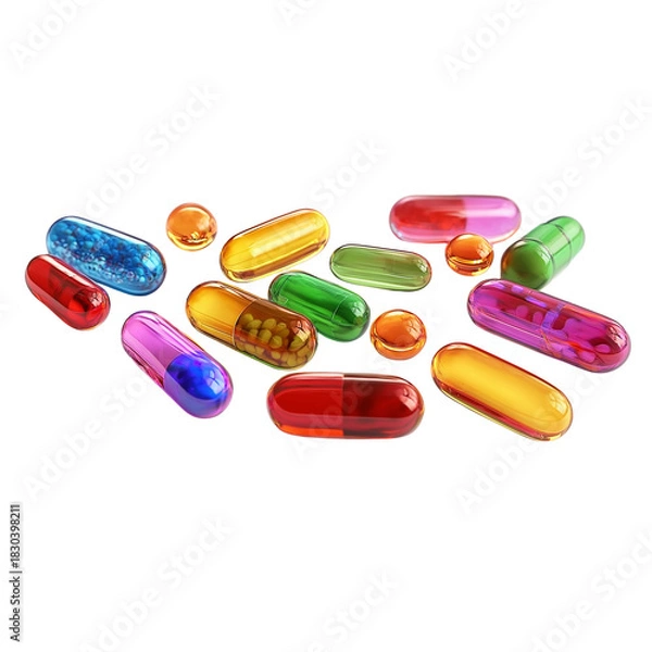 Fototapeta Assorted Colorful Capsules and Pills isolated on a transparent background 2