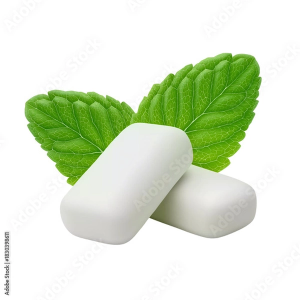 Fototapeta Two white gum pieces with mint leaves isolated on a transparent background 1