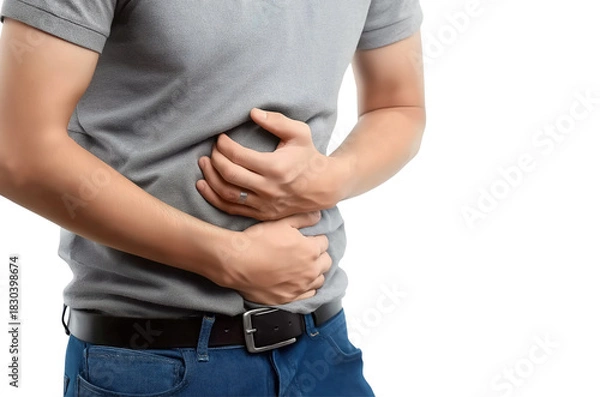 Fototapeta Man holding stomach in pain isolated on a transparent background 2