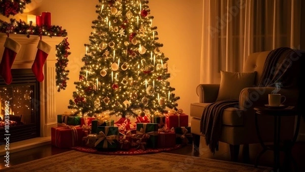 Obraz A cozy holiday interior glowing with festive cheer. The scene is set with a sparkling tree, presents wrapped in red and green, and an inviting armchair.