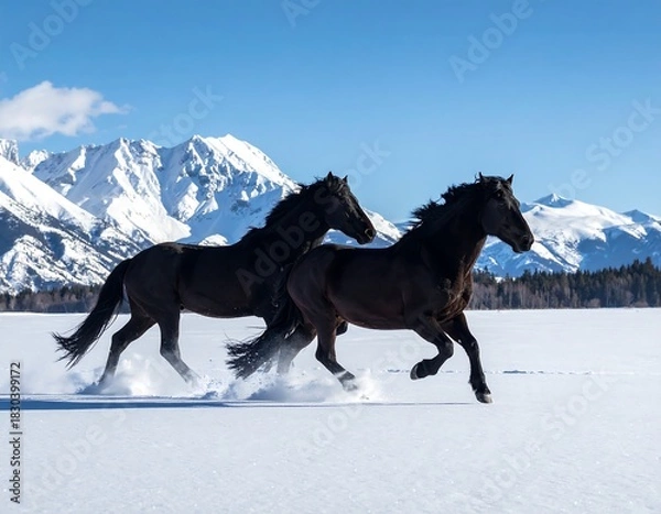 Fototapeta Two dark horses gallop across a snow-covered field with mountain backdrop