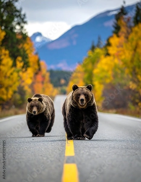 Fototapeta Two brown bears walking toward camera on a road, autumn scenery