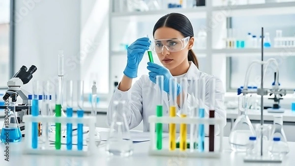 Obraz Young Woman Scientist Working in a Modern Laboratory with Test Tubes and Microscope.