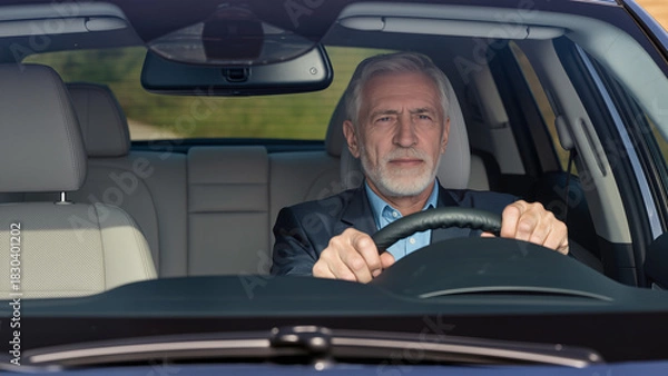 Fototapeta Un homme senior conduit une voiture en plein jour, concentré sur la route