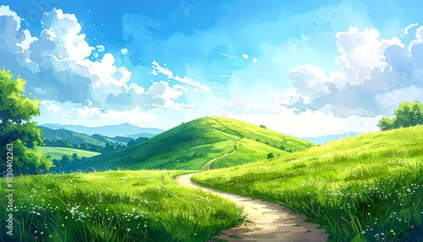 Obraz 青空と丘の上の道_generated by AI	