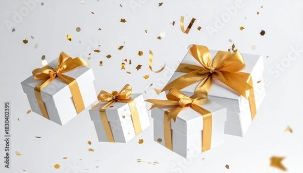 Fototapeta Six white gift boxes with golden ribbons float mid-air surrounded by golden confetti on a plain white background—evoking celebration and festive elegance.